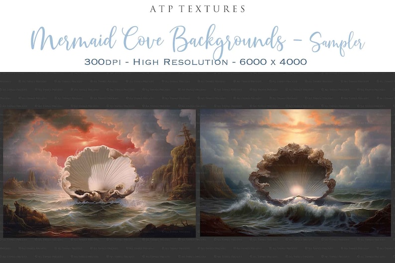 Digital Background for Photographers. Printable, in high resolution, This AI created digital backdrop is resized and edited for you. Gorgeous seaside scene with mermaid shell. In full colour and old masters painting style.