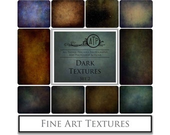 May include: A set of 9 dark textured backgrounds, ideal for adding a vintage or grunge feel to your digital designs.  The textures are in a variety of shades of brown, blue, and green.  The text on the image reads "ATP All Things Precious Photography and Photoshop Actions Dark Textures Set 2 Fine Art Textures".