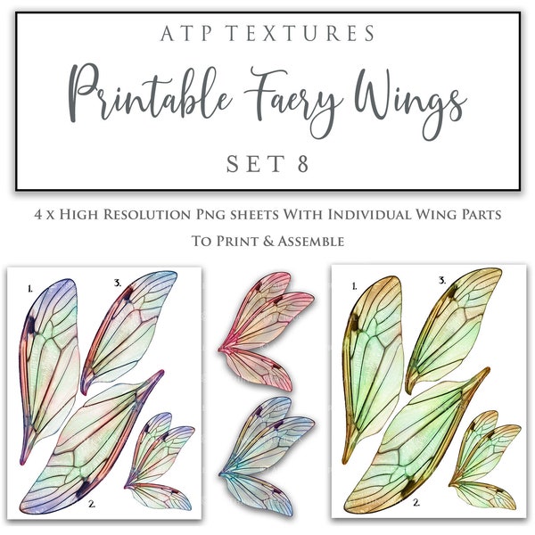 PRINTABLE FAIRY WINGS Set 8 Scrapbooking Clipart, Digital Wing, Print, Cosplay, Photoshop Png, Art Doll Faery, Child Costume, Pattern