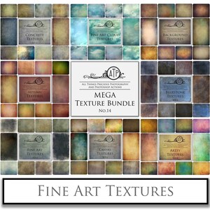 May include: A digital collage of 18 different textured backgrounds, each with a unique color palette and pattern. The textures are labeled with categories such as "Concrete", "Fine Art Cloud", "Autumn", "Bluestone", "Fine Art", "Canvas", and "Artsy". The title "Mega Texture Bundle No. 14" is displayed in the center of the image.