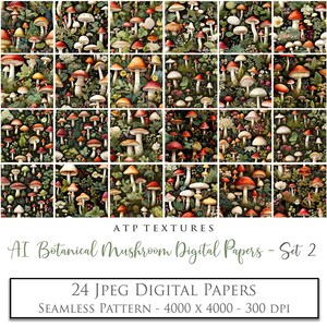24 papiers numériques - CHAMPIGNON BOTANIQUE Set 2 / Scrapbooking, Fabrication de cartes, Fond, Papier texturé, Impression vintage, Modèle sans couture AI