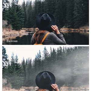 May include: A woman wearing a black hat and a brown jacket stands in front of a lake and a forest. The lake is covered in fog.