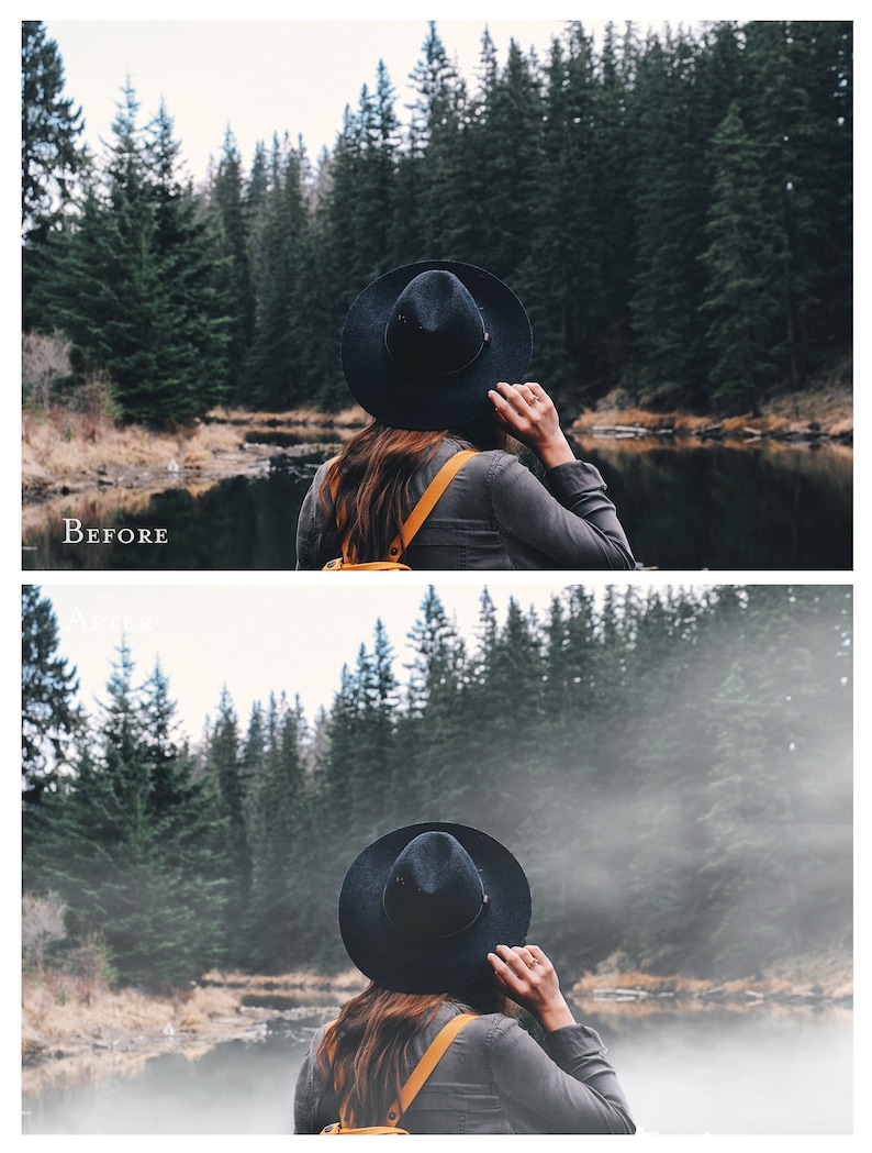 May include: A woman wearing a black hat and a brown jacket stands in front of a lake and a forest. The lake is covered in fog.
