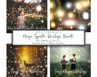 May include: A digital product bundle of over 140 high-resolution sparkle overlays for photo editing. The images feature a variety of sparkly effects, including fairy wands, glowing deer, and magical lights. The text "Magic Sparkle Overlays Bundle" is displayed in a white rectangle.