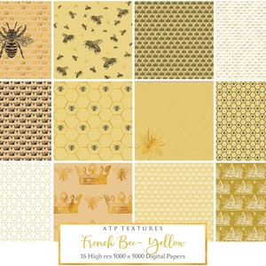 16 Digitale Papiere - FRANZÖSISCHE BIENE - GELB / druckbares Papier, Scrapbooking, Kartenherstellung, Collage, Clipart, Papierkunst, Bienenkorb, Bienenwabe
