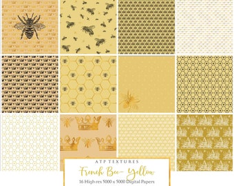 16 Digital Papers - FRENCH BEE - YELLOW / Printable Paper, Scrapbooking, Card Making, Collage, Clipart, Paper Craft, Hive, Honeycomb