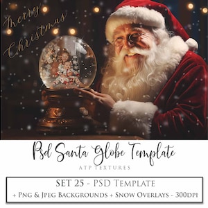 Fundo digital SANTA Snow Globe, modelo Psd Photoshop, sobreposições nº 25 Png, sobreposição de fotos, impressão de cartão de presente de Natal, scrapbooking, AI