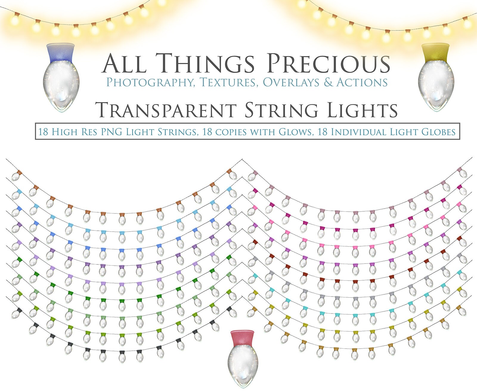54 TRANSPARENT STRING LIGHTS Png Overlays with Glows | Etsy