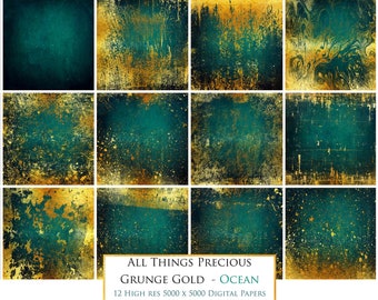 12 Digital PAPERS - GOLD Grunge - OCEAN / Scrapbooking Background, Card Making, Collage, Photoshop Texture, Clipart, Paper Craft