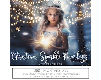 Christmas Sparkle OVERLAYS. Magical, Book Magic. String lights, Lantern Glow, Stars & Glitter for Studio Photography. Digital Background. Ai