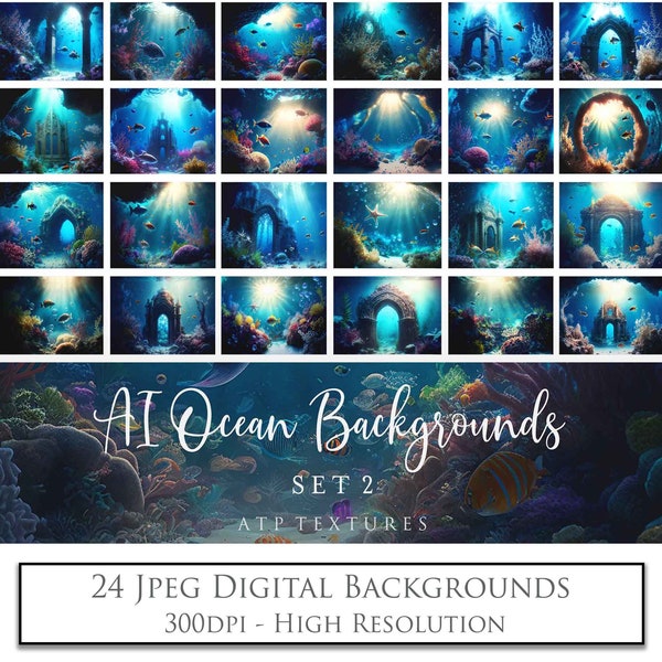 24 Digital Backgrounds - OCEAN Set 2 - Photo Backdrop, Underwater scene, Sea Background, Fish, Coral and Bubbles, Photoshop Overlays, Ai Art