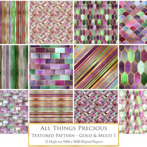 12 Digital Papers TEXTURED PATTERN - Gold & MULTICOLOUR 1 / Scrapbooking, Photoshop Background, Geo Paper, Clipart, Texture, Pattern Papers