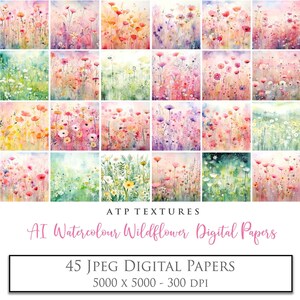 45 papéis digitais WATERCOLOR Wildflower Scrapbooking, confecção de cartões, fundo, papel texturizado, floral, texturas ATP, AI