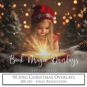 May include: A young person wearing a red hat with a snowflake design, reading a book that emits a bright light. The image includes the text "Book Magic Overlays" and "90 JPEG Christmas Overlays 300 DPI - High Resolution."