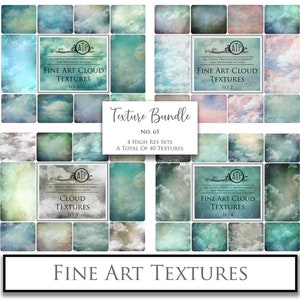 May include: A digital collage of 40 high-resolution cloud textures in a grid format. The textures are in shades of blue, green, and white, and have a vintage, textured look. The text "Fine Art Cloud Textures" is repeated four times, with each set numbered 1 through 4.