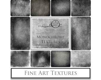 May include: A set of 10 monochrome textures in black and white. The textures are grainy and distressed, giving them a vintage look. The text "ATP All Things Precious Photography and Photoshop Actions Monochrome Textures Set 10 Fine Art Textures" is displayed on the image.