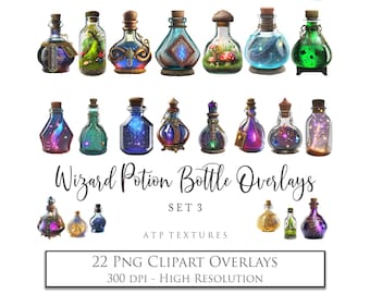 May include: Set of 22 digital clipart overlays of potion bottles with various colors and designs. The bottles have a whimsical, magical, and fantasy theme. The text "Wizard Potion Bottle Overlays Set 3" is at the bottom of the image.