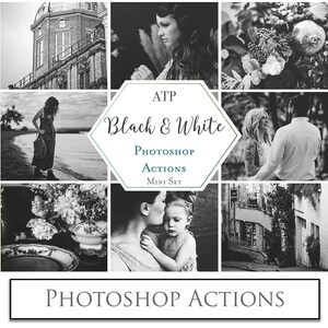 May include: A collage of nine black and white photographs showcasing different subjects, including a building, a woman, flowers, a couple, a mother and child, and a street scene. The text "ATP Black & White Photoshop Actions Mini Set" is displayed in a hexagon shape in the centre of the collage.