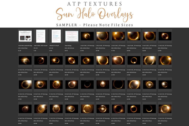 May include: A sampler image showcasing 36 diverse sun halo overlays. The overlays come in a range of sizes and shapes, with varying colours and light intensities. These overlays are ideal for adding a touch of magic to your photographs and videos.