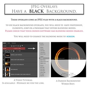 May include: A graphic showing how to use JPEG overlays with a black background. The image shows a Photoshop layer panel with blending modes and a sample image of a light effect overlay on a black background. The text reads "JPEG Overlays Have a Black Background. These overlays come as JPEG files with a black background. To use black background overlays, you will need to have Photoshop, Elements, GIMP or a program that offers blending modes. Please check that your chosen software has blending modes enabled. You will need to change the blending mode to SCREEN. A Video Tutorial is available - Message me for the link. A darker background works best."