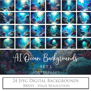 24 Digital Backgrounds - OCEAN Set 1 - Photo Backdrop, Under the sea, Underwater scene, Fish, Coral and Bubbles, Photoshop Overlays, Ai Art