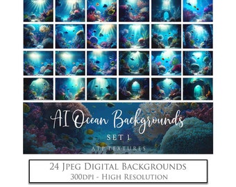 24 Digital Backgrounds - OCEAN Set 1 - Photo Backdrop, Under the sea, Underwater scene, Fish, Coral and Bubbles, Photoshop Overlays, Ai Art