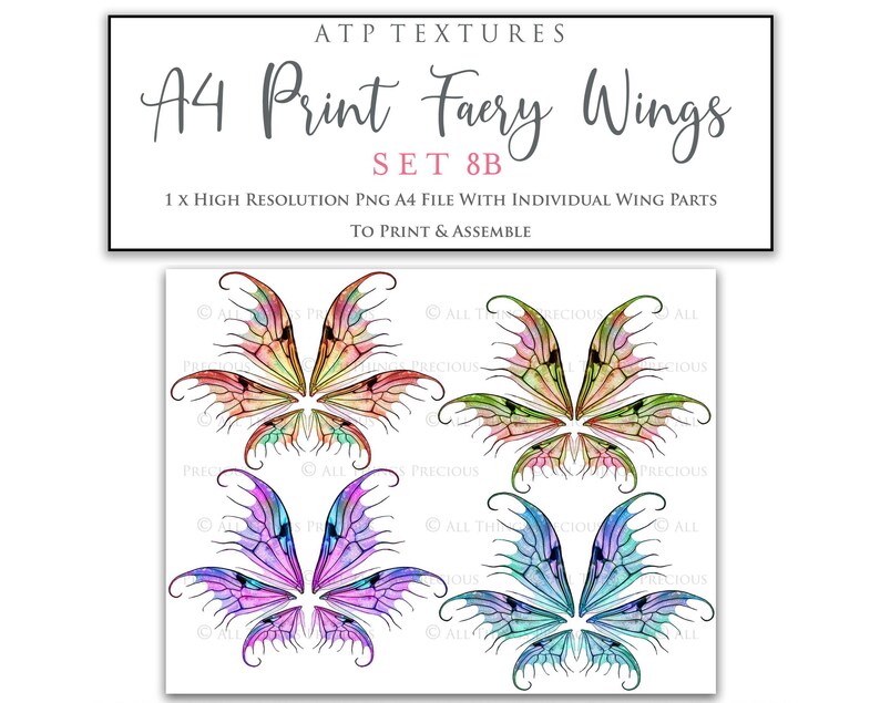 A4 PRINT FAIRY WINGS Set 8B Png Clipart, jewellery Making, Fairy Wing Template, Photoshop, Art Doll Wings, Printable, Earrings Craft image 1