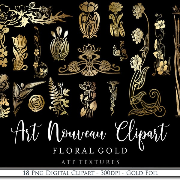 18 High Res ART Nouveau PNG GOLD Foil Flora Elements / scrapbooking / card making / digital art / Flowers / Vintage