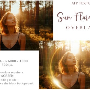 May include: A woman standing in a forest with sunlight shining through the trees. A sun flare halo overlay effect is added to the image. The text "Sun Flare Halo Overlays" is displayed above the image. The text "Before" is displayed below the left image and the text "After" is displayed below the right image.