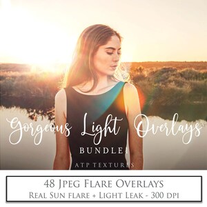 以下が含まれることがあります： 夕日を背に、女性がフィールドに立っています。 「Gorgeous Light Overlays」というテキストが白い筆記体で書かれています。 「BUNDLE I」というテキストが白いサンセリフ体で書かれています。 「ATP TEXTURES」というテキストが白いサンセリフ体で書かれています。 「48 JPEG FLARE OVERLAYS」というテキストが白いサンセリフ体で書かれています。 「REAL SUN FLARE + LIGHT LEAK - 300 DPI」というテキストが白いサンセリフ体で書かれています。