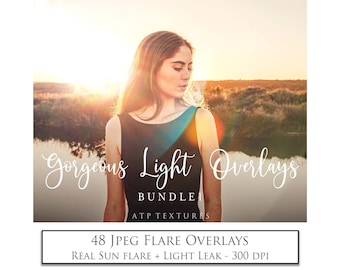 May include: A woman standing in a field with a sunset behind her. The text "Gorgeous Light Overlays" is written in white cursive font. The text "BUNDLE I" is written in white sans-serif font. The text "ATP TEXTURES" is written in white sans-serif font. The text "48 JPEG FLARE OVERLAYS" is written in white sans-serif font. The text "REAL SUN FLARE + LIGHT LEAK - 300 DPI" is written in white sans-serif font.