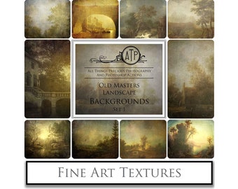 May include: A set of 10 digital backgrounds featuring old master landscape paintings. The backgrounds are in muted tones of brown, green, and blue. The backgrounds are perfect for adding a vintage feel to your digital art or design projects.