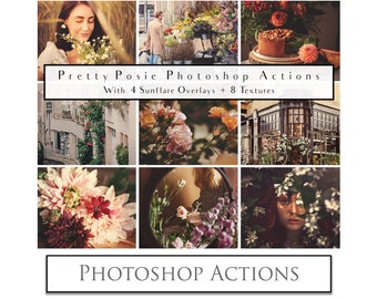 25 PHOTOSHOP ACTIONS - Pretty Posie + 8 High Res TEXTURES + 4 Sun Flare Overlays, Fine Art Overlay, Digital,  Photo Texture