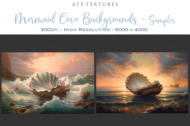 Digital Background for Photographers. Printable, in high resolution, This AI created digital backdrop is resized and edited for you. Gorgeous seaside scene with mermaid shell. In full colour and old masters painting style.