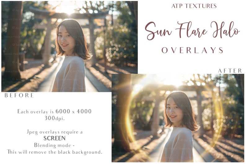 May include: Before and after image showing a sun flare halo overlay effect. The before image shows a woman standing in a park with a bright sun in the background. The after image shows the same woman with a sun flare halo effect added to the image. The text on the image reads "ATP Textures Sun Flare Halo Overlays".