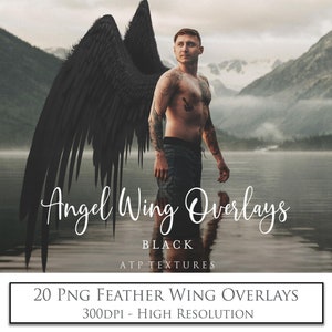 20 ALAS DE ÁNGEL, NEGRO, Superposiciones de fotos, Ala digital, Imágenes Prediseñadas Png, Superposiciones de Photoshop, Álbum de recortes, Fantasía, Plumas