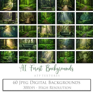60 種類の AI デジタル背景、緑の森の写真背景、写真編集、魔法のシーン、スクラップブック、Photoshop オーバーレイ。ATP テクスチャ