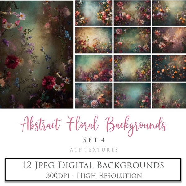 12 Digital Backgrounds - ABSTRACT FLORAL Set 4 / Fine Art Textures, Photo Overlays, Backdrop, Flower Print, Scrapbooking Paper, AI Art