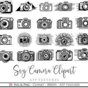 20 Clipart SVG e PNG, logotipo da câmera, impressão, silhueta, Cricut, sublimação, download digital, uso comercial Ok. Arte de IA.