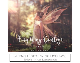 May include: A set of 20 digital fairy wing overlays, perfect for adding a touch of magic to your photos. The overlays are high resolution and come in PNG format.  The wings are a soft pink color with a delicate, feathery texture.  The text "Fairy Wing Overlays Set 21 ATP Textures" is visible in the image.