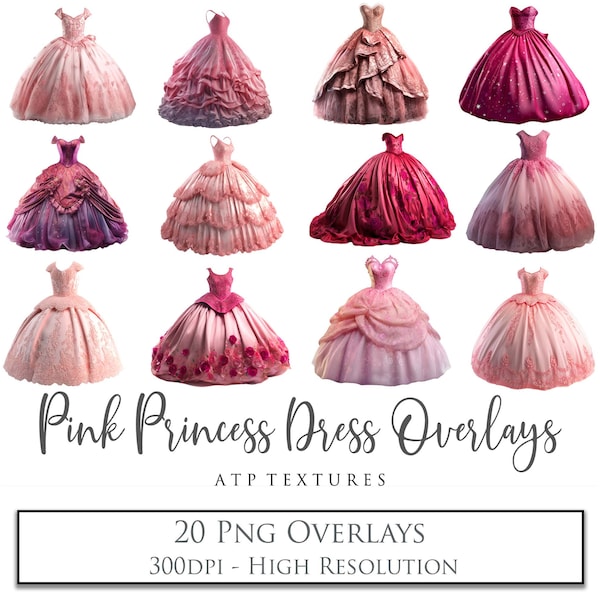 20 Photo OVERLAYS - Princess Dress Ballgown Clipart / Pink Dress, Png Photoshop, Sublimation, Photography Edit