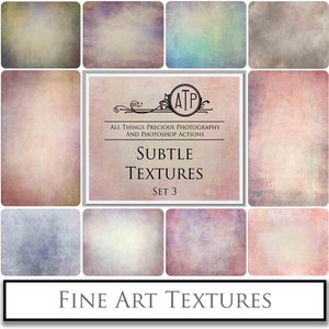 Puede incluir: Nueve texturas digitales en una cuadrícula con un esquema de color rosa claro, beige y gris. Las texturas tienen un aspecto sutil, descolorido y vintage. El texto "ATP All Things Precious Photography and Photoshop Actions Subtle Textures Set 3 Fine Art Textures" está en la parte inferior de la cuadrícula.