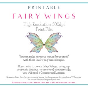 Printable Fairy Wings. For Art Dolls, Adults, Children. High resolution, png files. This is a digital product. Print and cut. Paper craft. Create fairy wing earrings or crown jewellrey from these designs. Commercial licence is available.