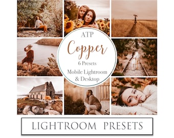 May include: A collage of images showcasing the "Copper" Lightroom presets. The images feature a variety of subjects, including landscapes, portraits, and couples, all with a warm, copper-toned color palette. The text "ATP Copper 6 Presets Mobile Lightroom & Desktop Lightroom Presets" is displayed on the image.