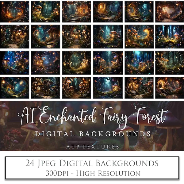 24 AI Digital Backgrounds - Enchanted FAIRY FOREST - Photo Backdrop, Halloween, Fantasy, Magic Sparkles, Faerie, Scrapbooking, Photoshop