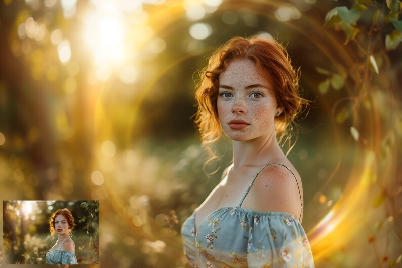 May include: A woman with red hair and freckles is standing in a field with a blurred background of green trees and a bright sun. She is wearing a light blue floral dress with one shoulder strap.