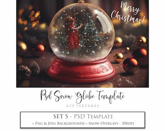 May include: A red snow globe with a girl in a red dress inside. The globe is sitting on a red base with a gold trim. The text "Merry Christmas!" is written in white on a red background. The text "Psd Snow Globe Template" is written in black on a white background. The text "ATP TEXTURES" is written in black on a white background. The text "SET 5 - PSD TEMPLATE" is written in black on a white background. The text "+ PNG & JPEG BACKGROUNDS + SNOW OVERLAYS - 300DPI" is written in black on a white background.
