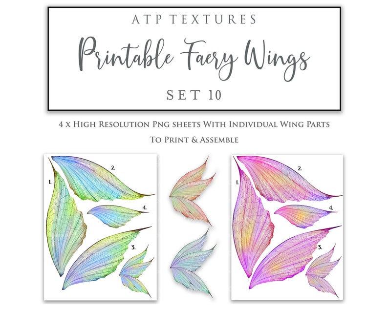 Printable Fairy Wings. For Art Dolls, Adults, Children. High resolution, png files. This is a digital product. Print and cut. Paper craft. Create fairy wing earrings or crown jewelry from these designs. Commercial licence is available.