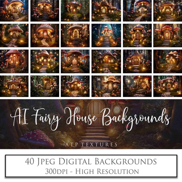 40 AI Digital Backgrounds - FAIRY House Mushroom - Photo Backdrop, Halloween, Fantasy, Magic Sparkles, Faerie, Scrapbooking.