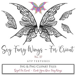 May include: Black and white SVG fairy wing designs with a colorful butterfly and the text "Svg Faery Wings - For Cricut". The image includes various wing styles and the text "SVG & PNG CLIPART FILES Sized For Cricut - Create Your Own Fairy Wings".